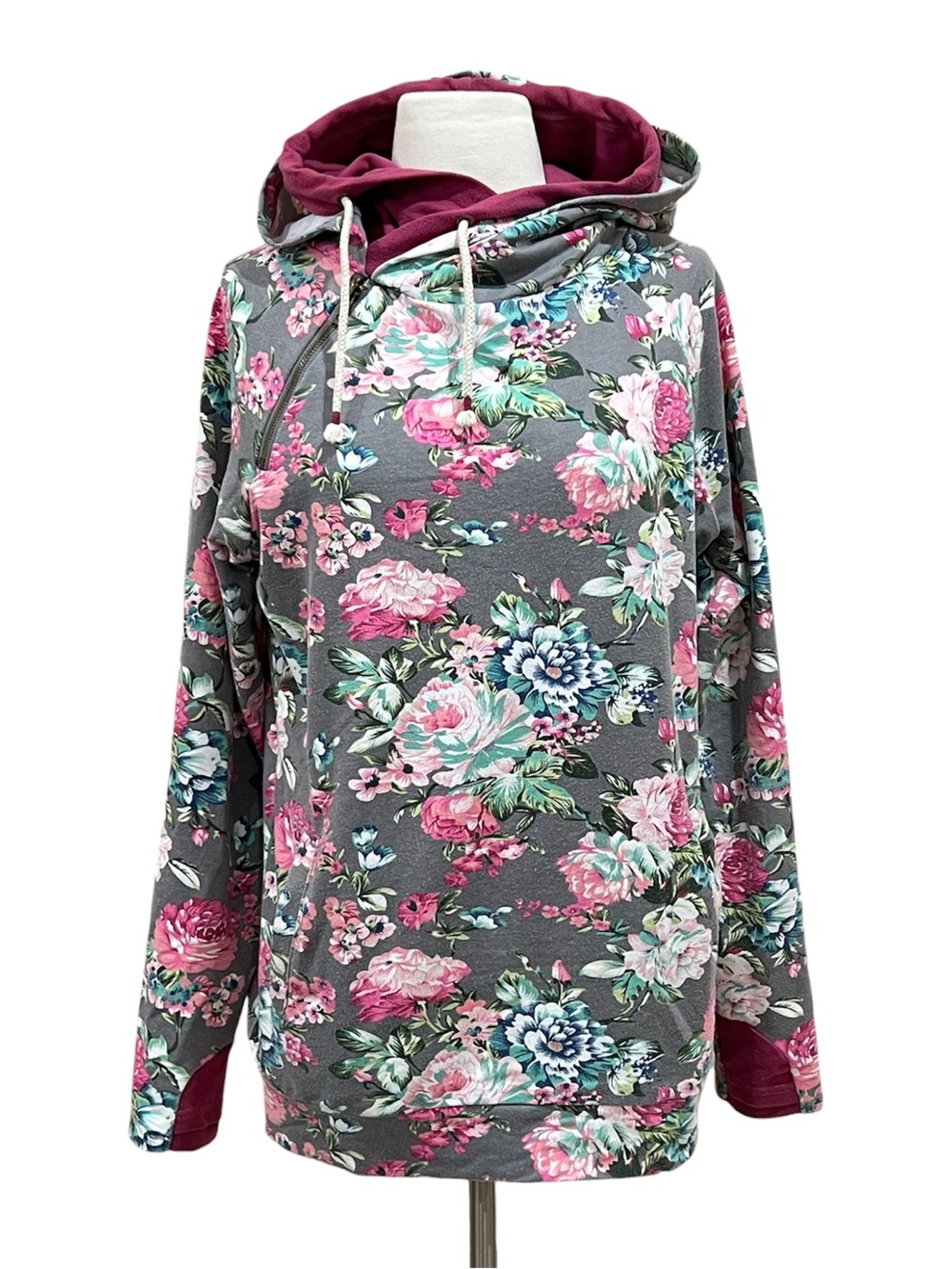 Ampersand Grey Floral Frenzy Doublehood Sweatshirt Size Large